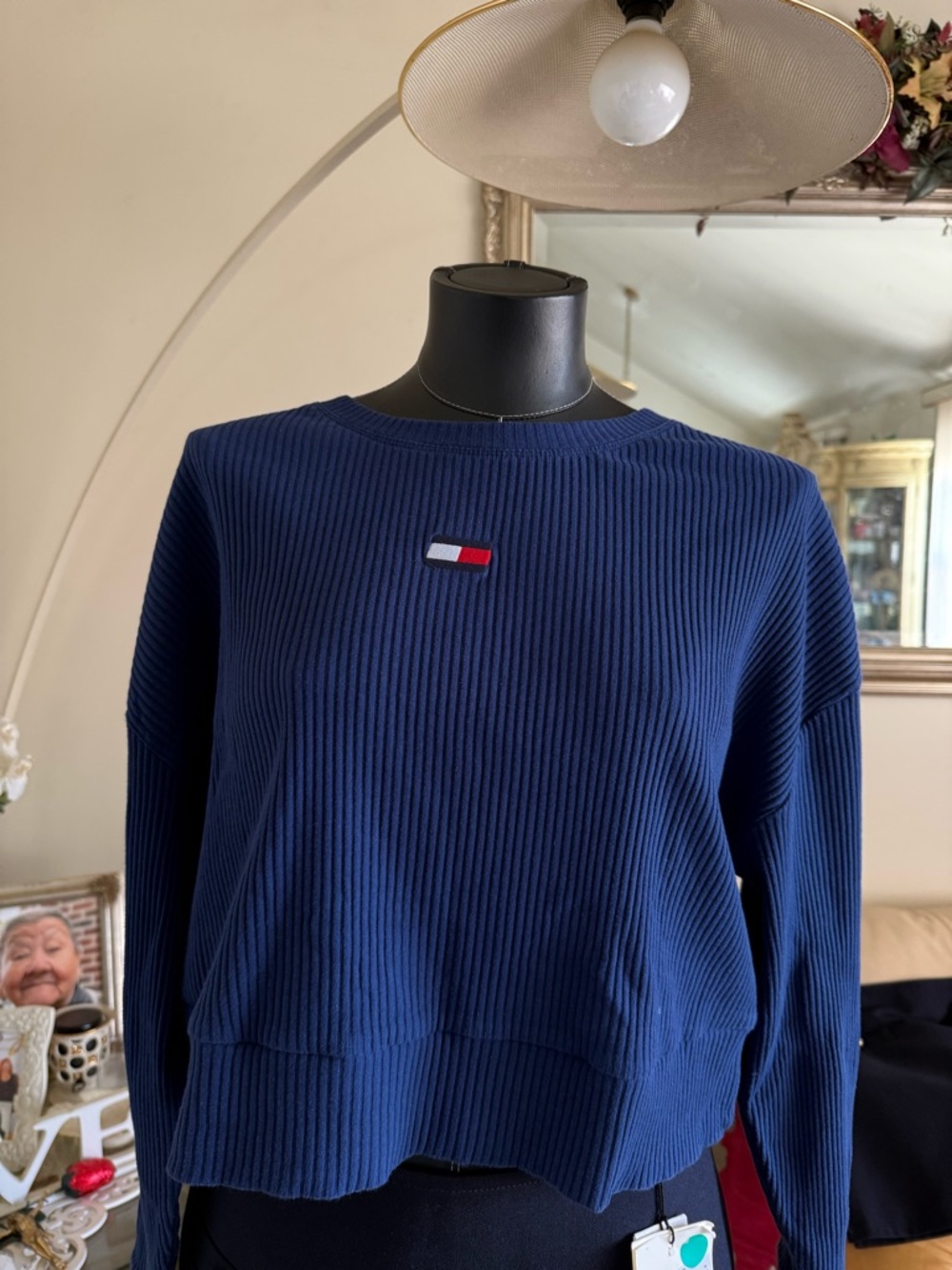 Tommy Hilfiger Navy Ribbed Crop Sweatshirt with Flag Patch